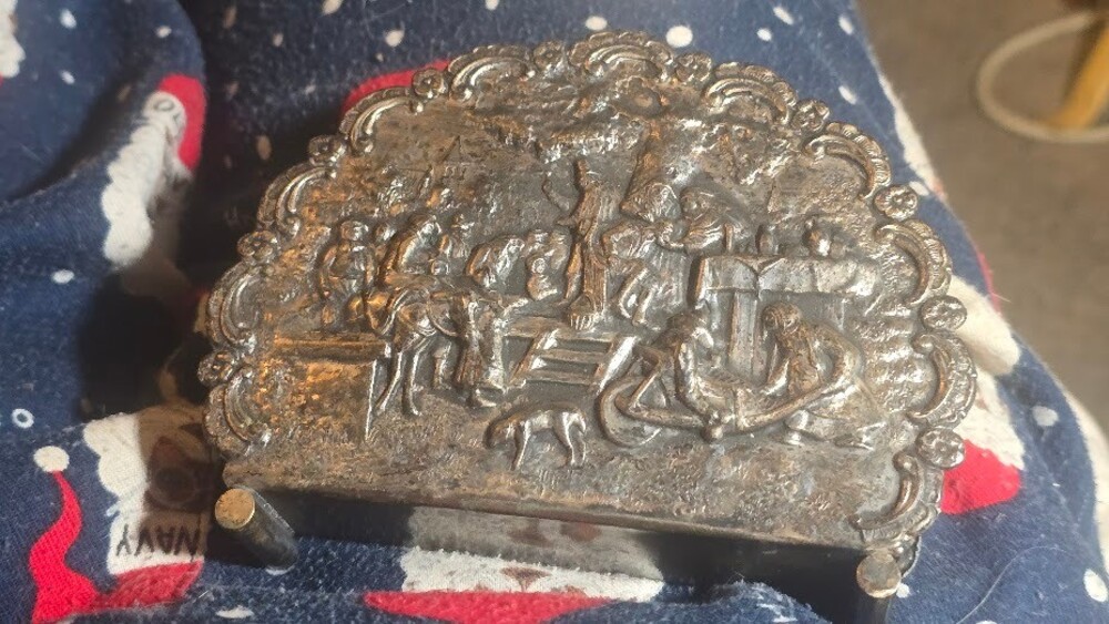 Vintage Silver-Toned Metal Box Decorative Embossed Scene Scalloped Edge